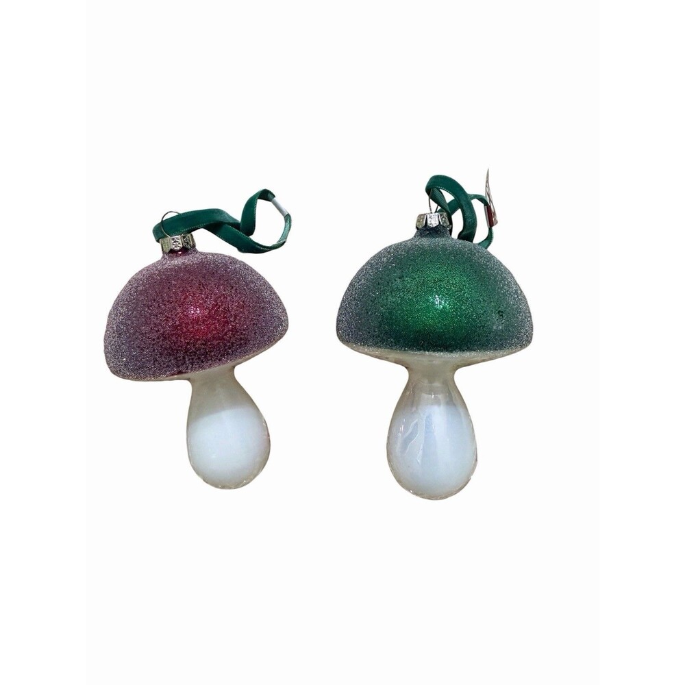 Place & Time Frosty Mushroom Glass Ornaments Christmas Decor Green Red 5” Pair